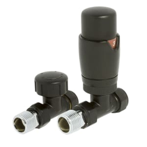 Modern Straight Thermostatic Radiator Valve + Lockshield Valve - Black