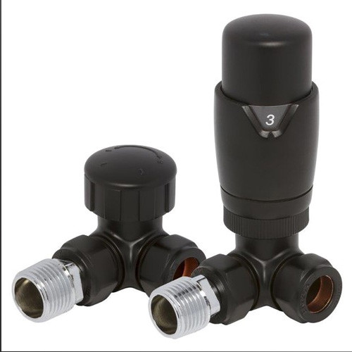Modern Corner Thermostatic Radiator Valve & Lockshield Valve Black