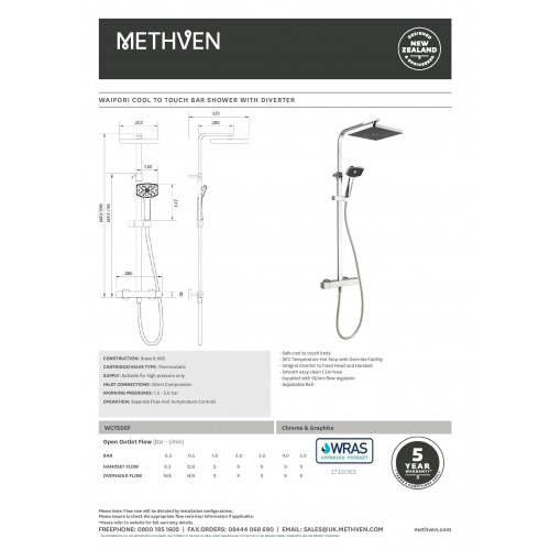 Tapin Methven Waipori Cool Touch Bar Shower Valve & Riser Shower